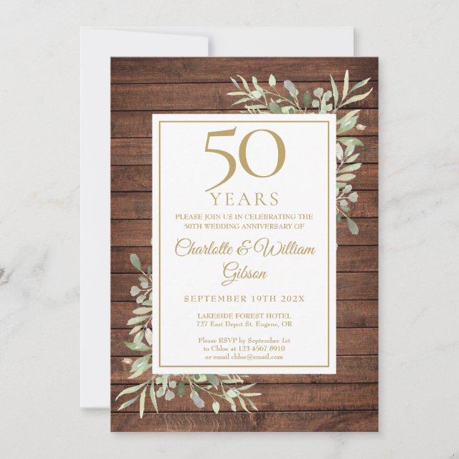 Invitation 50e anniversaire de Mariage Bois rustique vert (Devant)