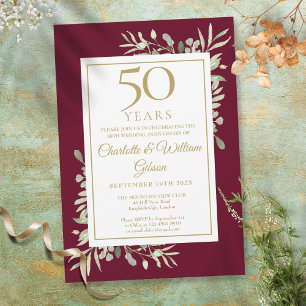 Invitation 50e Anniversaire de Mariage Bourgogne Feuillage Ve