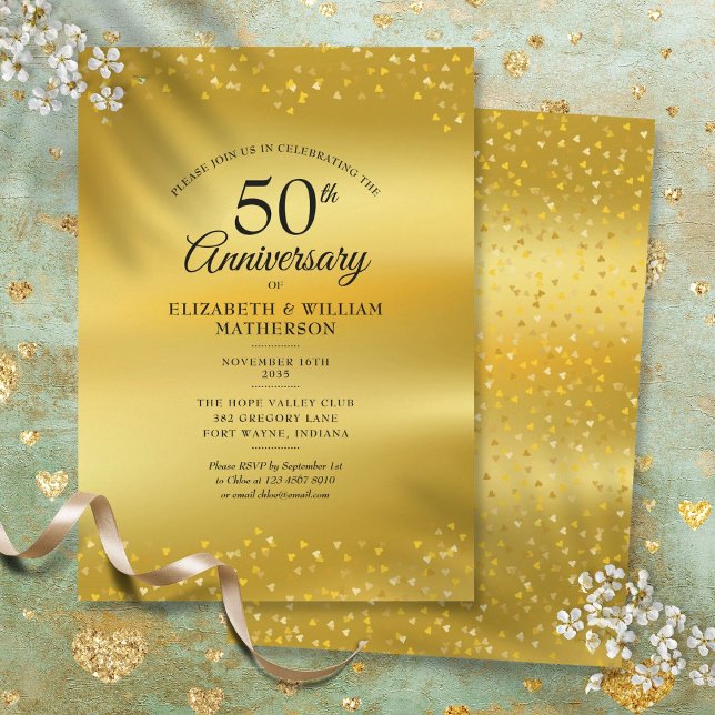 Invitation 50e Anniversaire de Mariage Cœur en Or Feuille (50th Wedding Anniversary Gold Hearts Foil Invitation)