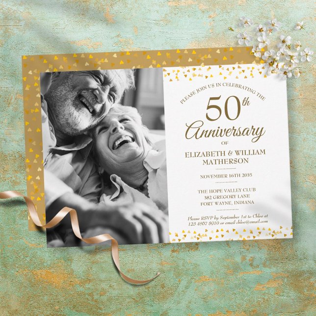 Invitation 50e Anniversaire de Mariage Cœurs Dorés Photo (Créateur téléchargé)