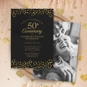 Invitation 50e Anniversaire de Mariage Cœurs Noir Or Photo