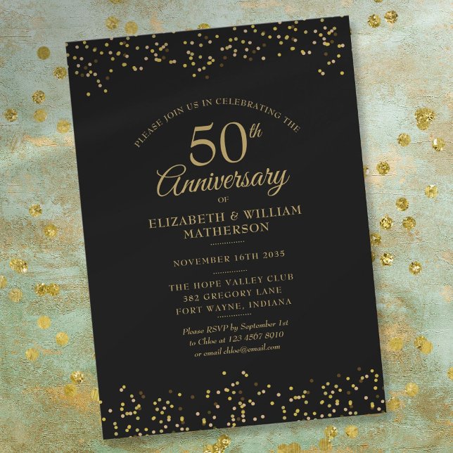 Invitation 50e anniversaire de mariage confettis noirs et or (Créateur téléchargé)
