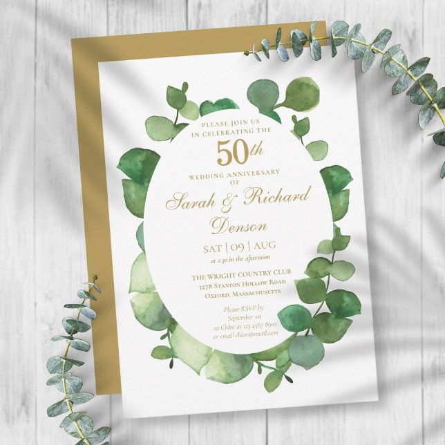 Invitation 50e Anniversaire de Mariage Doré Eucalyptus Bohème (Créateur téléchargé)