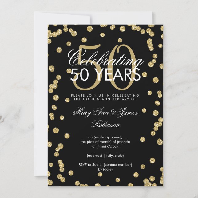 Invitation 50e Anniversaire de Mariage Doré Paillettes Confet (Devant)