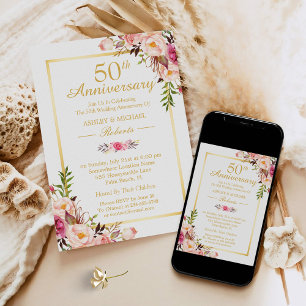 Invitation 50e Anniversaire de Mariage Élégant Chic Or Floral
