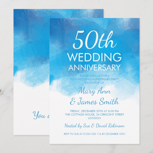 Invitation 50e anniversaire de mariage Eté Bleu Aquarelle (Devant / Derrière)