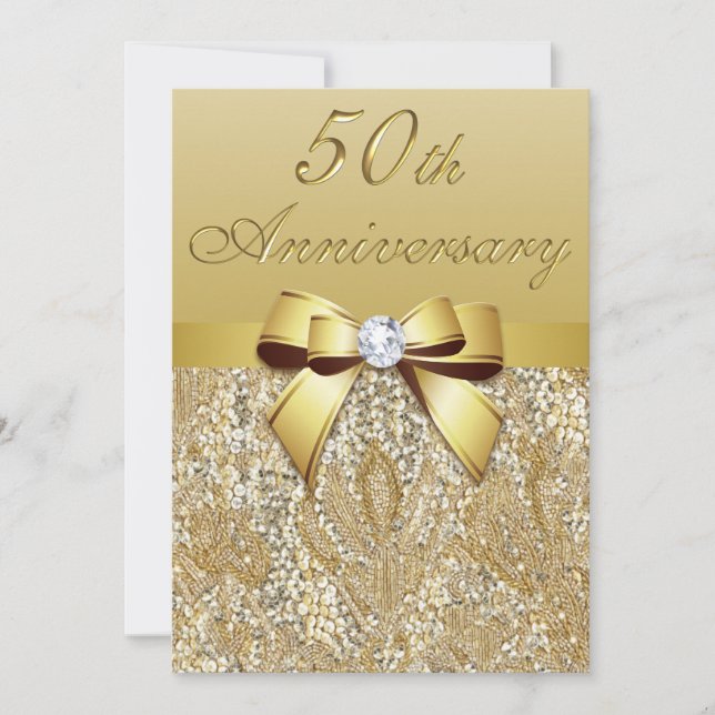 Invitation 50e Anniversaire de Mariage Faux Sequins et Nœud (Devant)