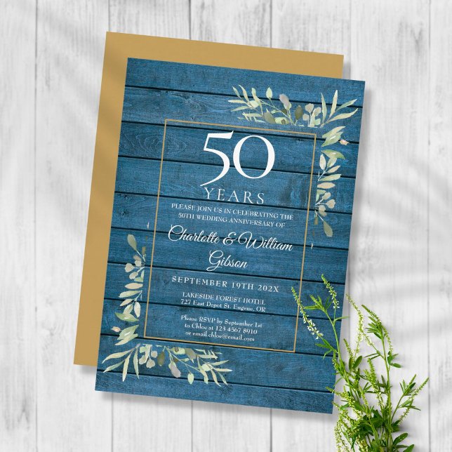 Invitation 50e Anniversaire de Mariage Feuillage Bleu Bois Ru (Créateur téléchargé)