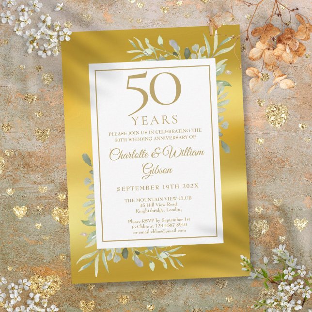 Invitation 50e Anniversaire de Mariage Feuillage Papier d'Or (50th Wedding Anniversary Greenery Gold Foil Invitation)