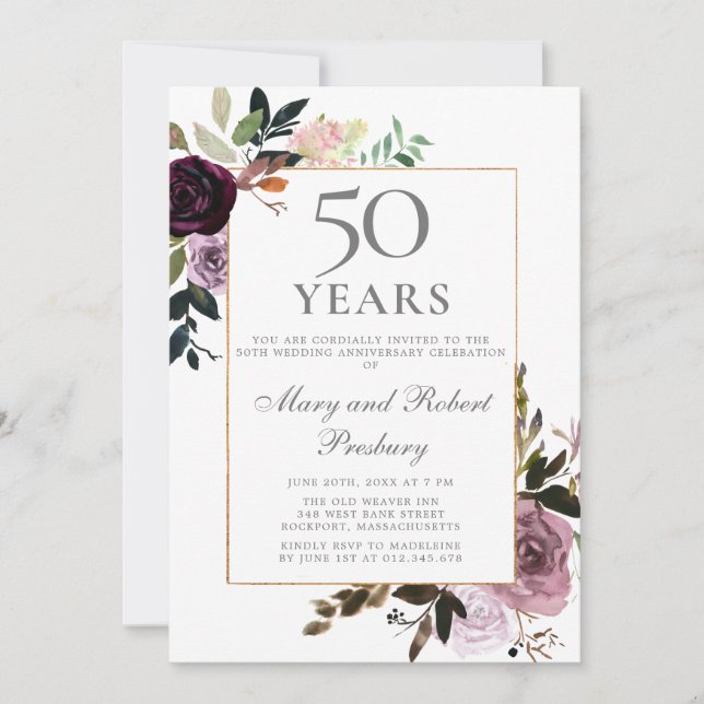 Invitation 50e Anniversaire de Mariage Fleurs Mauve Rose Viol (Devant)