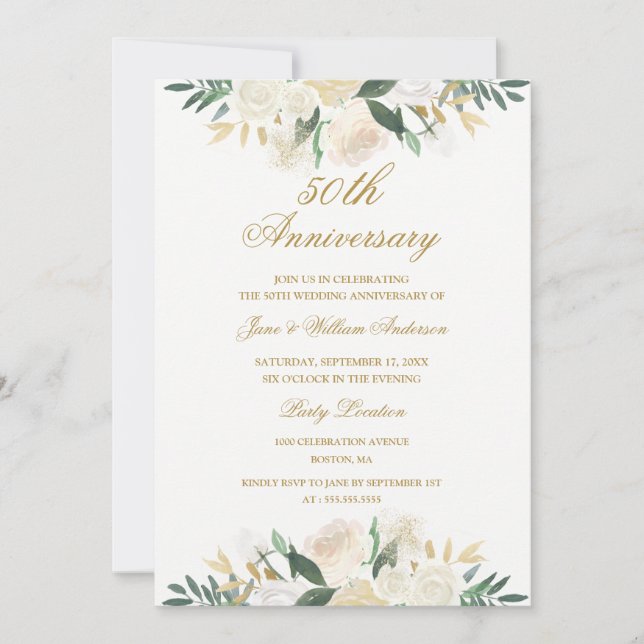 Invitation 50e anniversaire de mariage floral botanique or (Devant)