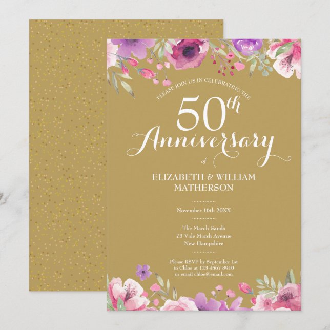 Invitation 50e anniversaire de mariage floral campagne (Devant / Derrière)