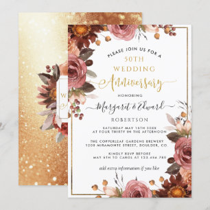Invitation 50e anniversaire de mariage, floral doré et burgun