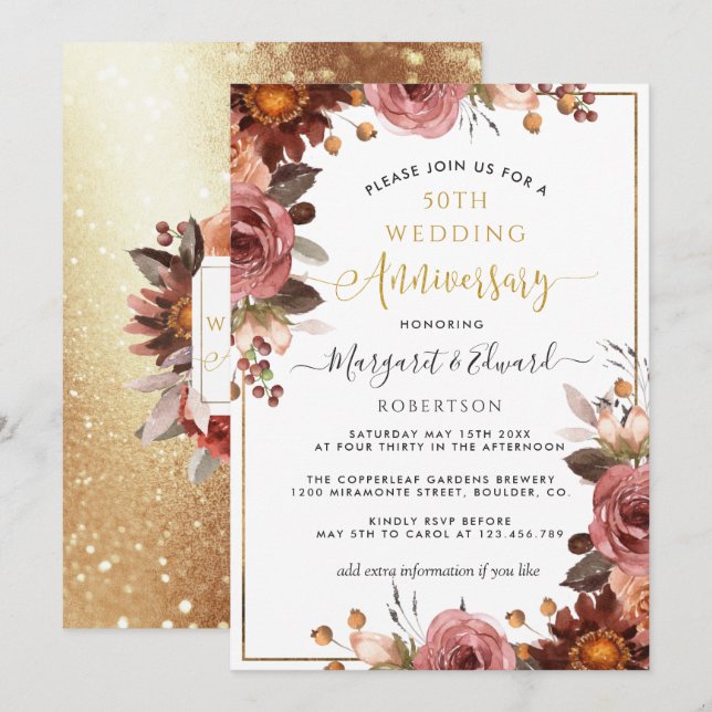 Invitation 50e anniversaire de mariage, floral or et burgundy (Devant / Derrière)