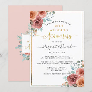 Invitation 50e anniversaire de mariage, floral pêche et menth