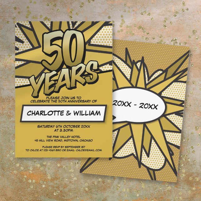 Invitation 50e anniversaire de mariage fun rétro (50th Golden Wedding Anniversary Fun Retro Invitation)