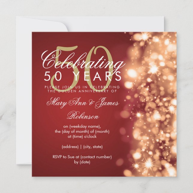 Invitation 50e anniversaire de Mariage Glam étincelles or & r (Devant)