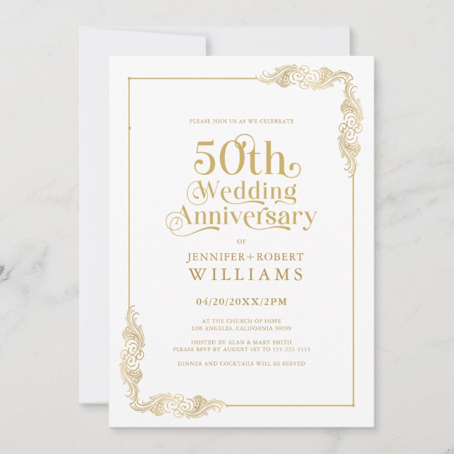 Invitation 50e anniversaire de Mariage Gold Floral Frame (Devant)
