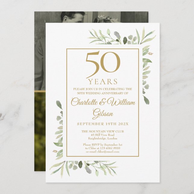 Invitation 50e anniversaire de mariage Greenery 2 Photo (Devant / Derrière)