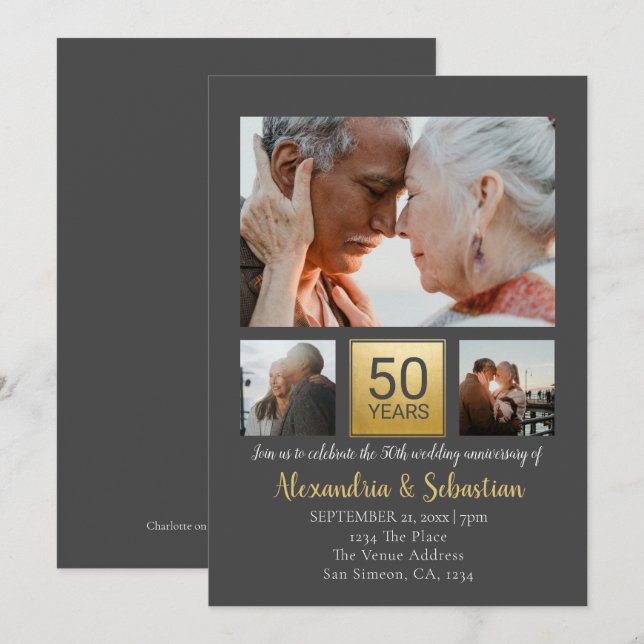 Invitation 50e anniversaire de Mariage Gris d'or personnalisé (Devant / Derrière)