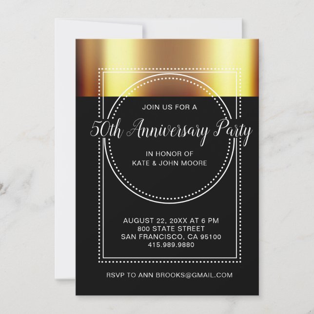 Invitation 50e Anniversaire de Mariage Métal Doré Noir (Devant)