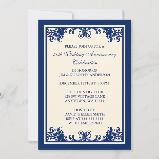 Invitation 50e anniversaire de mariage Navy Flourish Scroll (Devant)