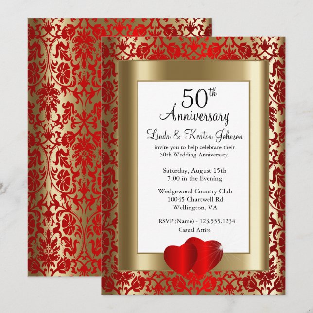 Invitation 50e anniversaire de mariage Noces d'or et de rubis (Devant / Derrière)