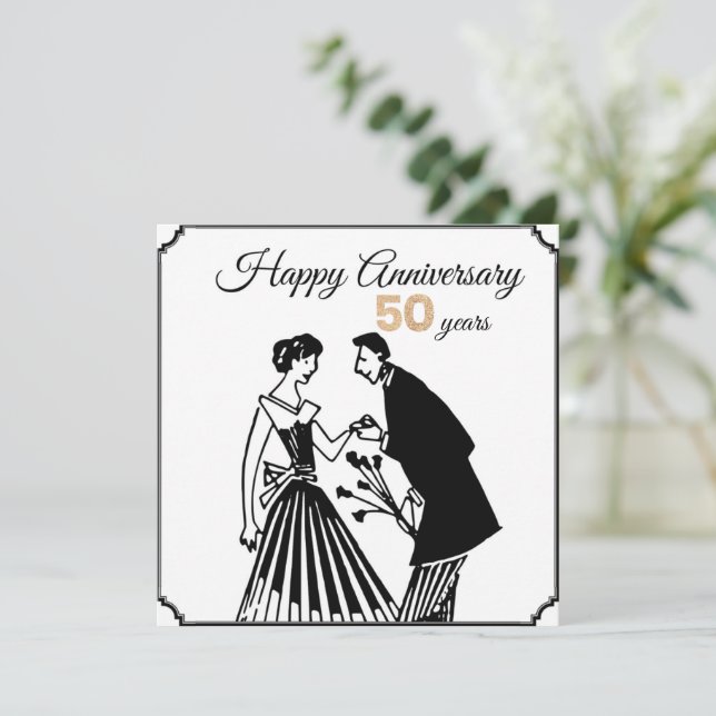 Invitation 50e anniversaire de mariage noir et blanc élégant (Debout devant)