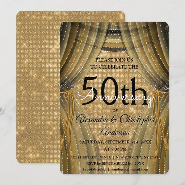 Invitation 50e anniversaire de mariage noir et or scintillant (Devant / Derrière)