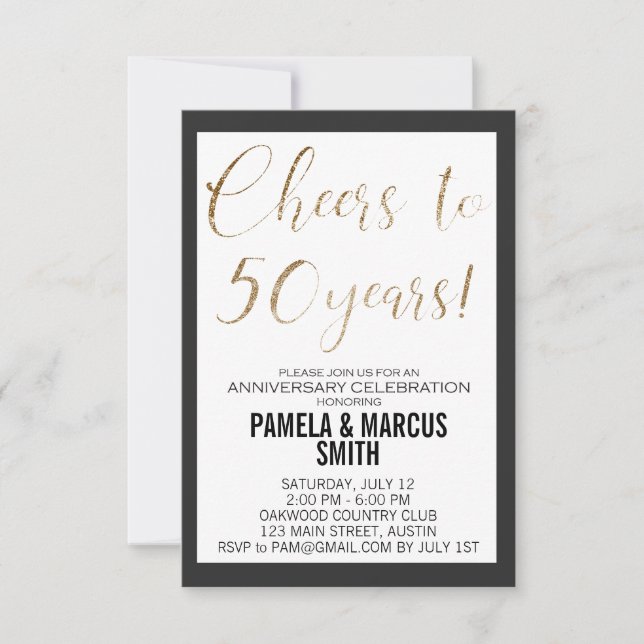 Invitation 50e Anniversaire de Mariage Noir Or Moderne  (Devant)