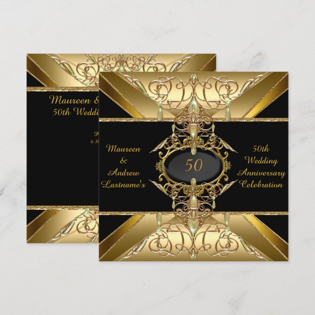 Invitation 50e anniversaire de mariage or bijou doré (Devant / Derrière)
