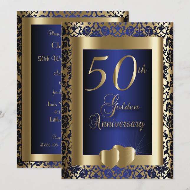 Invitation 50e anniversaire de mariage Or et Bleu | Texte DIY (Devant / Derrière)