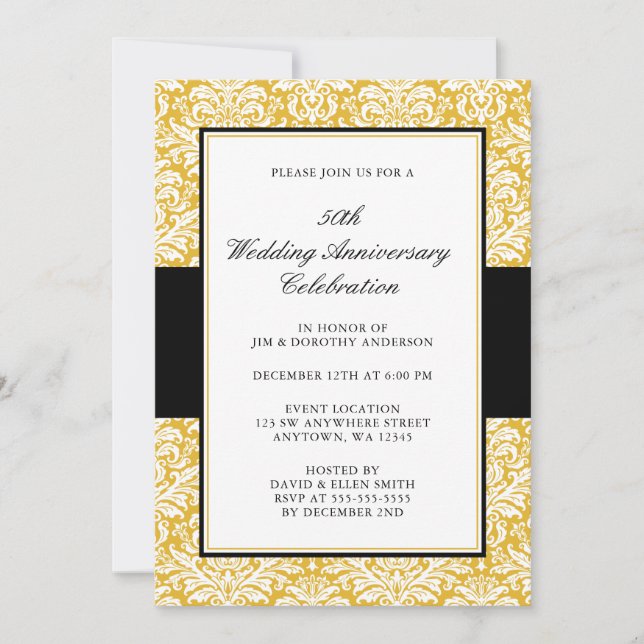 Invitation 50e Anniversaire de Mariage Or et Noir Damassé (Devant)