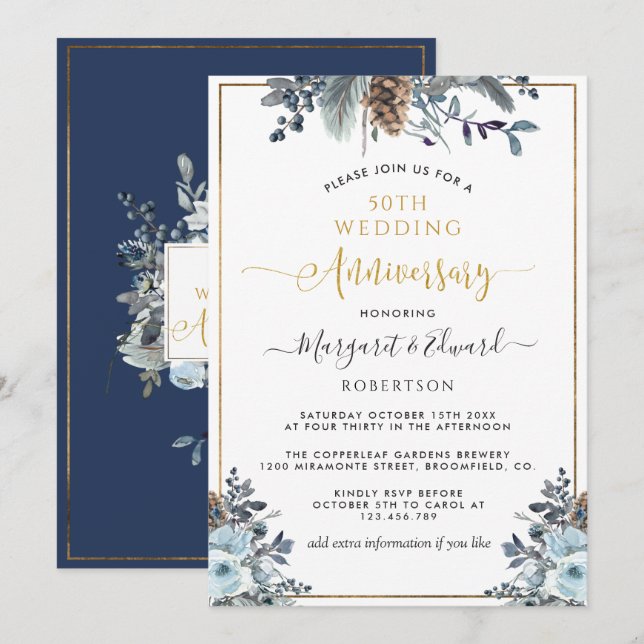 Invitation 50e anniversaire de mariage, or, floral bleu marin (Devant / Derrière)