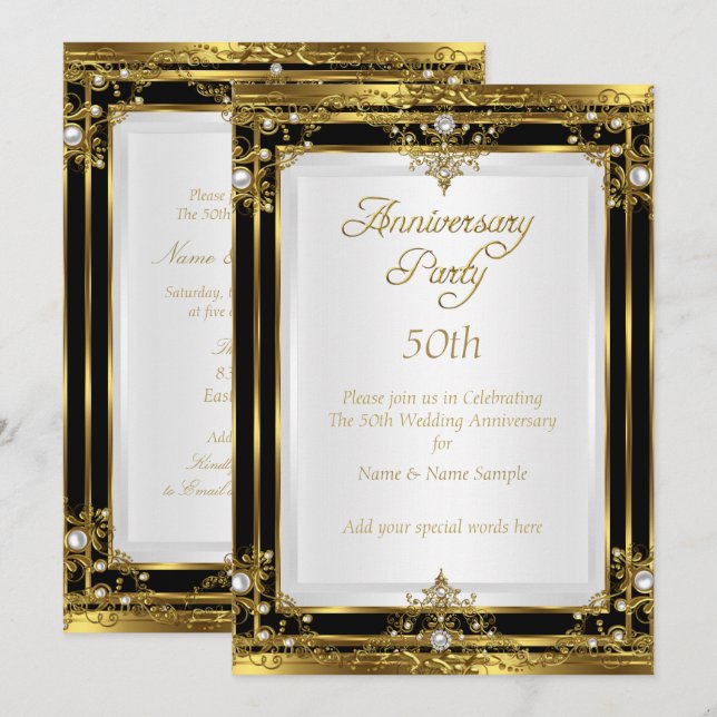 Invitation 50e anniversaire de mariage or noir perle blanche (Devant / Derrière)