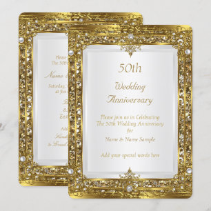 Invitation 50e Anniversaire de Mariage Or Pailleté Perle Blan