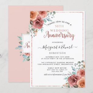 Invitation 50e anniversaire de mariage, or rose, floral mint