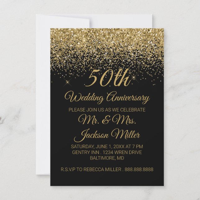 Invitation 50e anniversaire de mariage paillettes dorées (Devant)