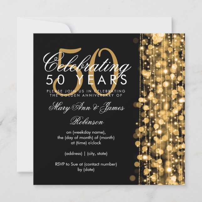 Invitation 50e Anniversaire de Mariage Paillettes Dorées (Devant)