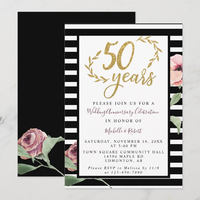 Invitation 50e anniversaire de Mariage Parties scintillant or (Devant / Derrière)