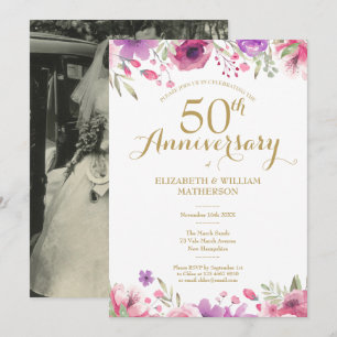 Invitation 50e anniversaire de Mariage photo Roses d'aquarell