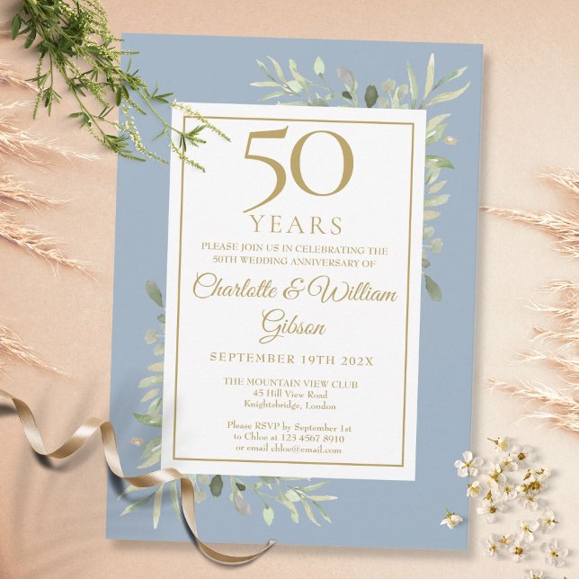 Invitation 50e Anniversaire de mariage poussiéreux bleu feuil (Créateur téléchargé)