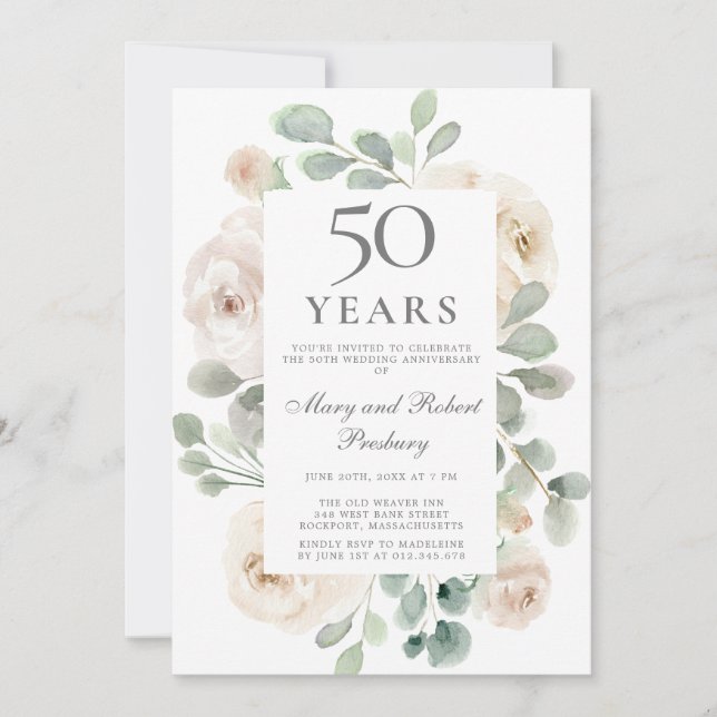 Invitation 50e anniversaire de mariage Rose Fleur Blanche Flo (Devant)