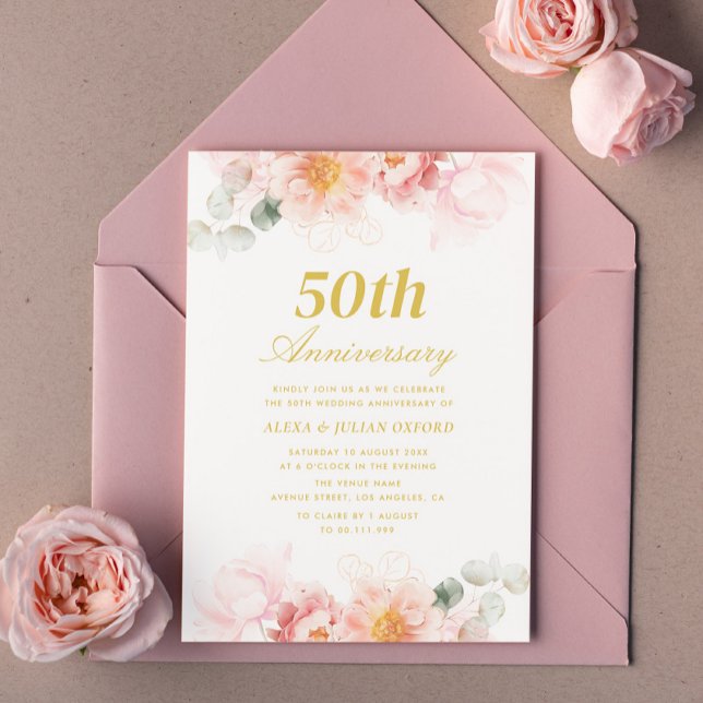 Invitation 50e anniversaire de mariage rose floral (Créateur téléchargé)