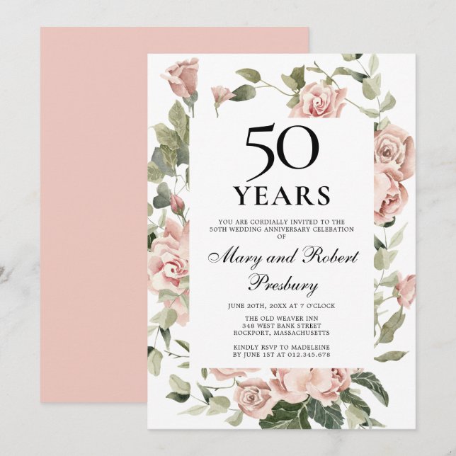 Invitation 50e anniversaire de mariage Rose florale rose (Devant / Derrière)