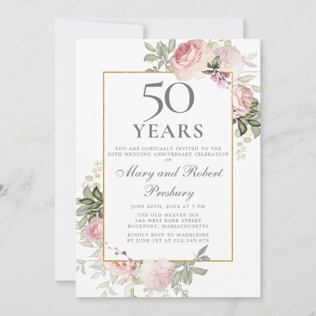 Invitation 50e Anniversaire de Mariage Rose Rose Fleurie (Devant)