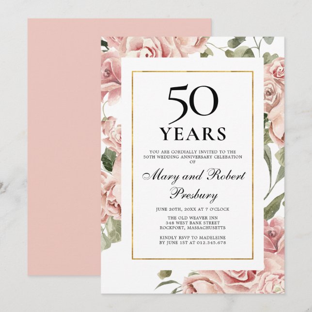 Invitation 50e anniversaire de mariage Rose rose floral (Devant / Derrière)