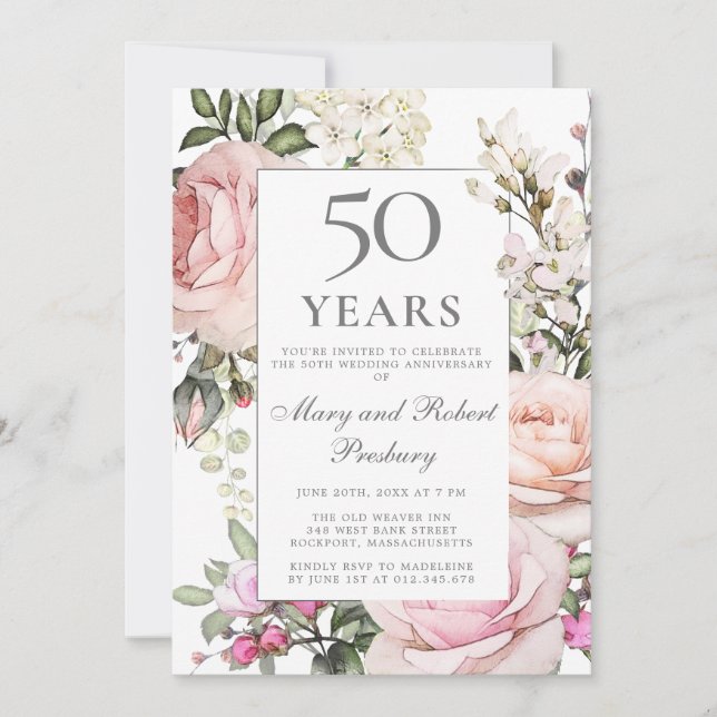 Invitation 50e anniversaire de mariage Rose rose floral (Devant)