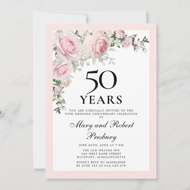 Invitation 50e anniversaire de mariage Rose rose florale (Devant)