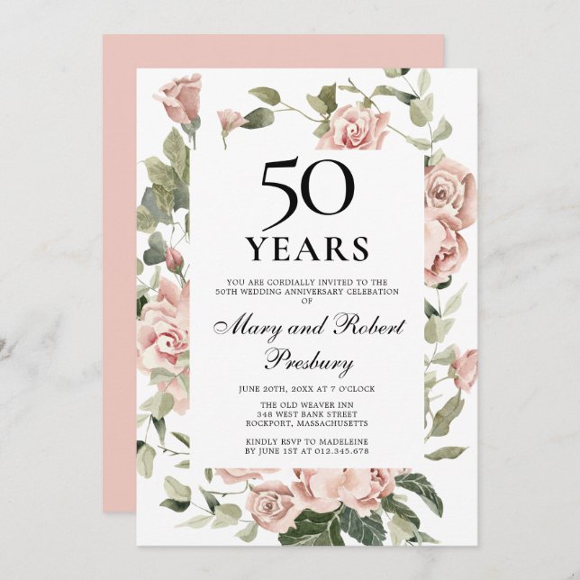 Invitation 50e anniversaire de mariage Rose rose florale (Devant / Derrière)